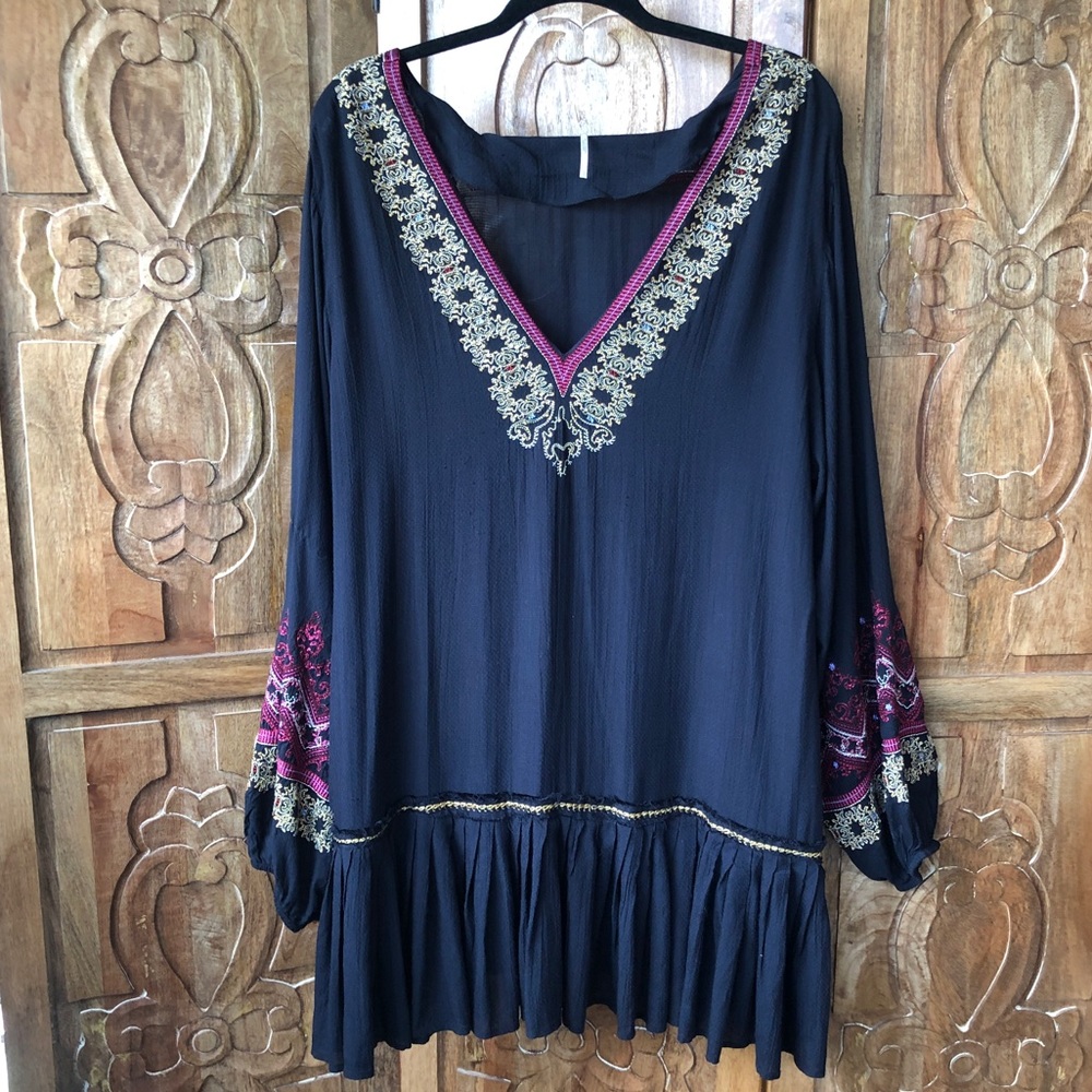 Free People Black Embroidered Dress - Size Large